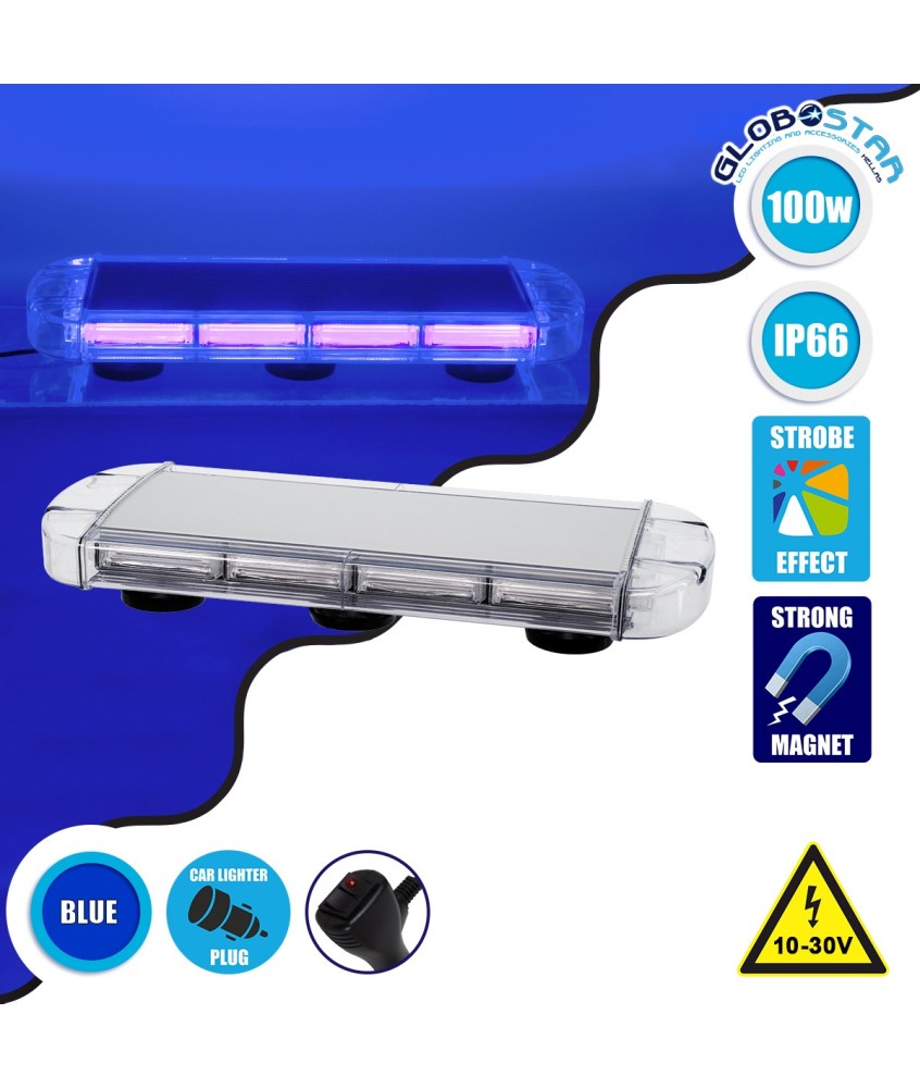 GloboStar® 85182 PRO Series Φάρος Σήμανσης Οχήματος Αστυνομίας για Αυτοκίνητα & Φορτηγά 6 Προγραμμάτων Φωτισμού STROBE LED COB 100W DC 10-30V Αδιάβροχος IP66 Μπλε